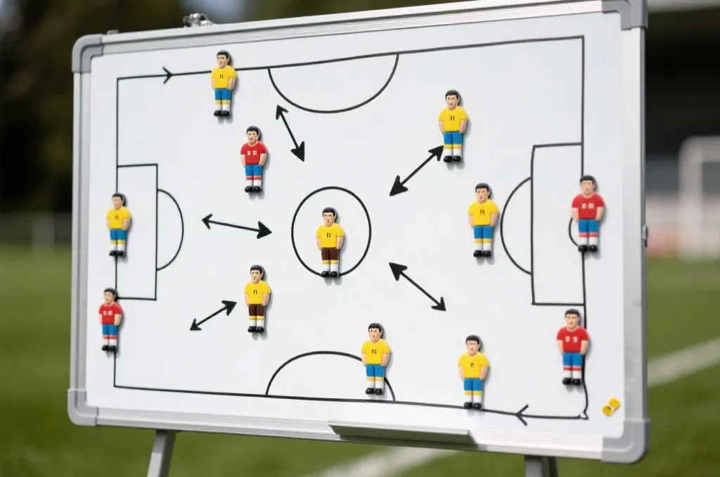 A tactical soccer analysis board with player magnets and hand drawn strategic arrows for goal scoring opportunities