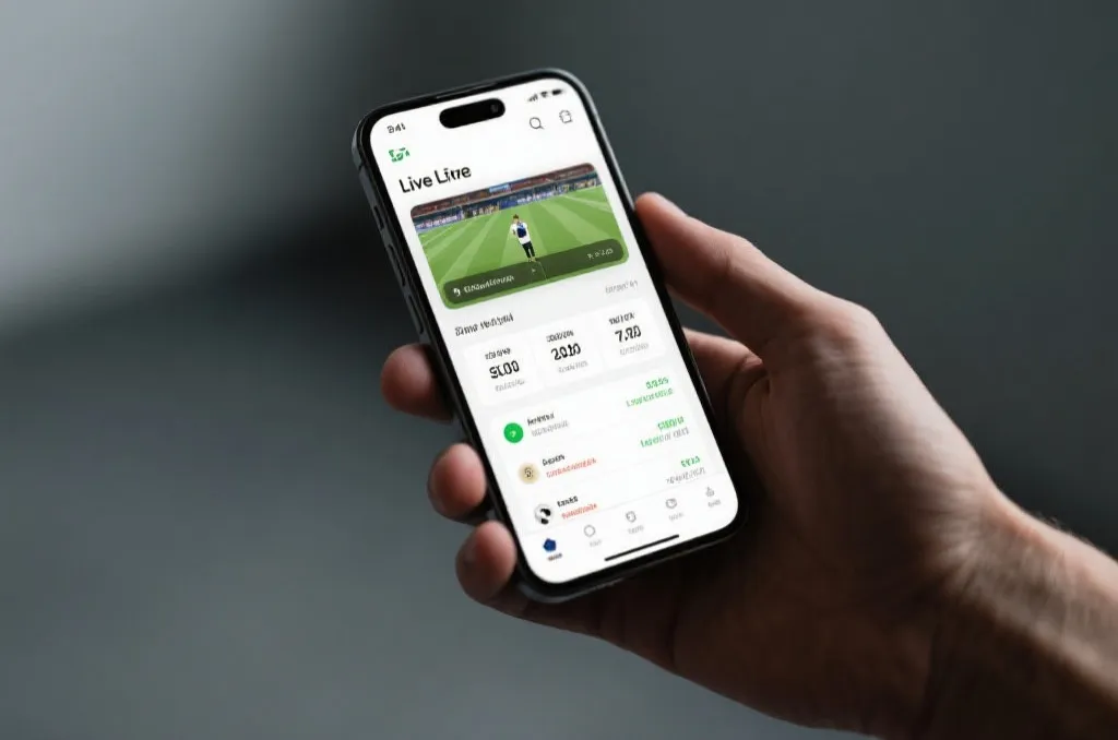 Hand holding a sleek smartphone displaying a live sports stream interface with generic UI elements
