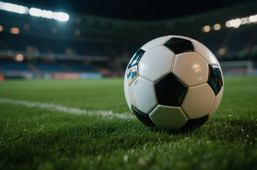 Close-up of a high-quality soccer ball resting on the lush green grass of a stadium pitch, dramatic evening lighting