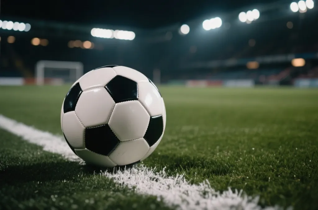 A close-up of a classic soccer ball on a lush green field under stadium floodlights