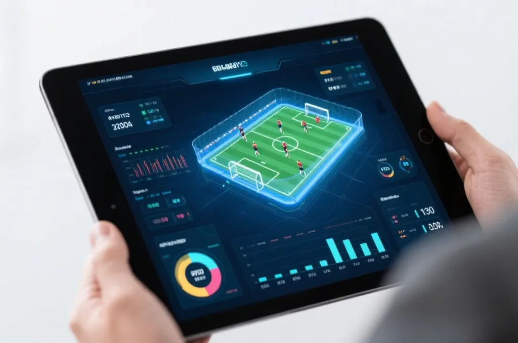 A high-tech sports statistics dashboard on a tablet displaying abstract player tracking data