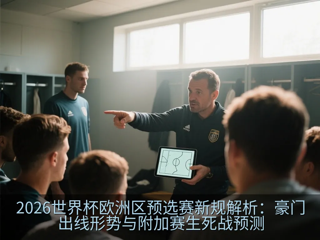 专业足球场在黄昏下的宏伟景象，象征欧洲区预选赛生死战舞台